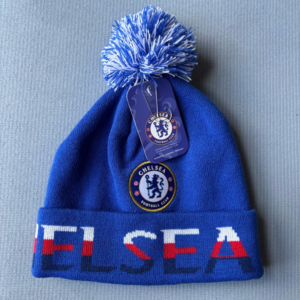 CHELSEA FC | Blue Pom Pom Cuffed Knit Beanie Hat NWT